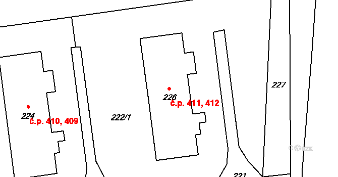 Průhonice 411,412 na parcele st. 226 v KÚ Průhonice, Katastrální mapa