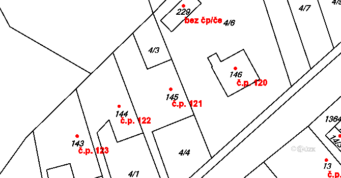 Svébohov 121 na parcele st. 145 v KÚ Svébohov, Katastrální mapa
