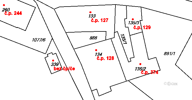 Lhenice 128 na parcele st. 134 v KÚ Lhenice, Katastrální mapa