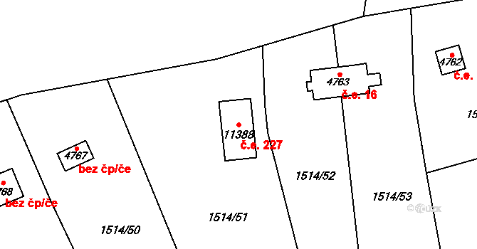 Cihelna 227, Pardubice na parcele st. 11388 v KÚ Pardubice, Katastrální mapa