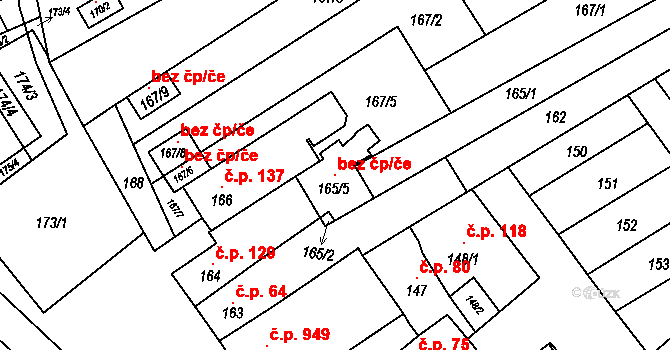 Brno 98435264 na parcele st. 165/5 v KÚ Chrlice, Katastrální mapa