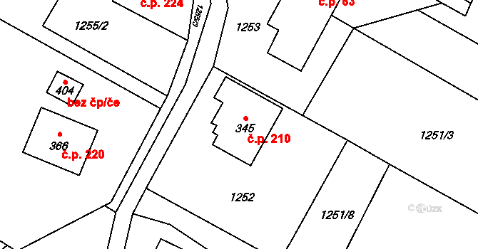 Guty 210, Třinec na parcele st. 345 v KÚ Guty, Katastrální mapa