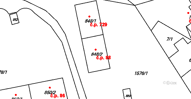 Luby 88 na parcele st. 848/2 v KÚ Luby I, Katastrální mapa
