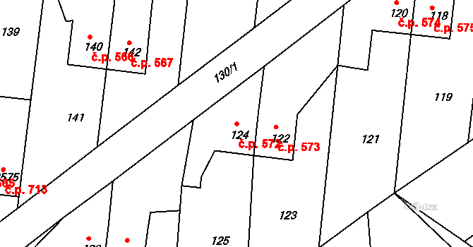 Šardice 572 na parcele st. 124 v KÚ Šardice, Katastrální mapa