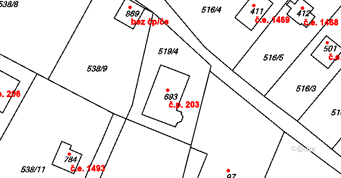 Ládví 203, Kamenice na parcele st. 693 v KÚ Ládví, Katastrální mapa