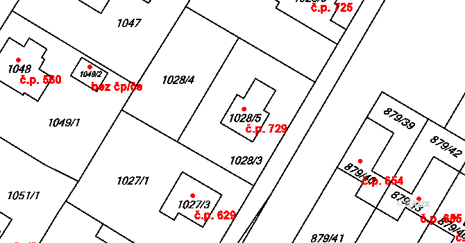 Kosmonosy 729 na parcele st. 1028/5 v KÚ Kosmonosy, Katastrální mapa