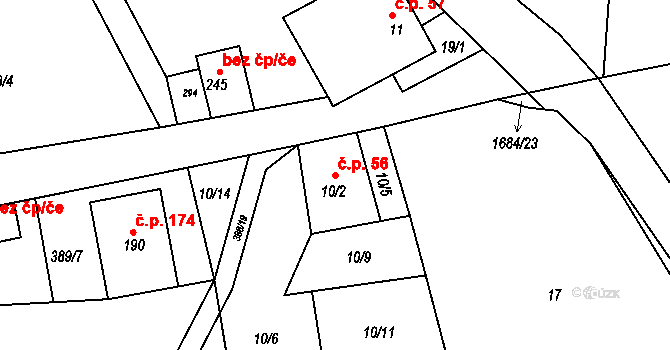 Sádek 56 na parcele st. 10/2 v KÚ Sádek u Poličky, Katastrální mapa