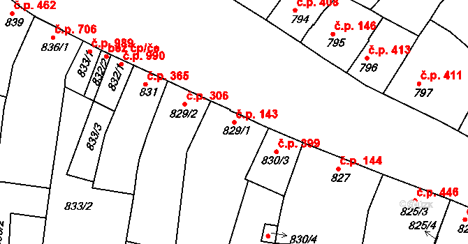 Hulín 143 na parcele st. 829/1 v KÚ Hulín, Katastrální mapa