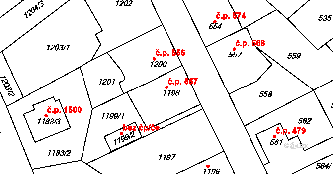 Hořovice 557 na parcele st. 1198 v KÚ Hořovice, Katastrální mapa