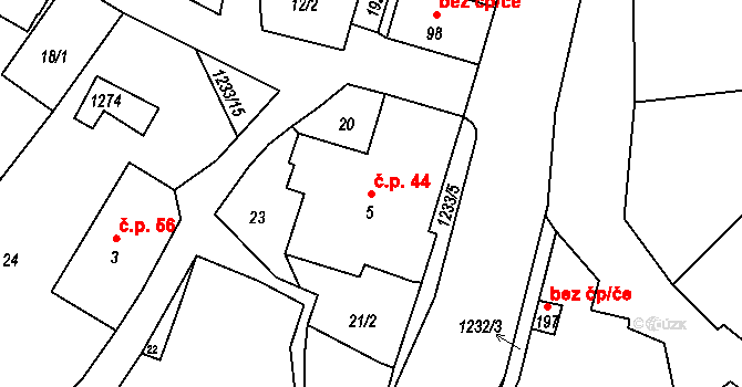 Javorník 44 na parcele st. 5 v KÚ Javorník u Svitav, Katastrální mapa