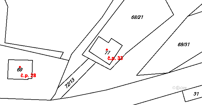 Skočova Lhota 33, Malá Roudka na parcele st. 77 v KÚ Skočova Lhota, Katastrální mapa