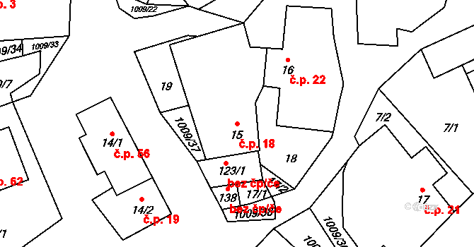 Těšenov 18, Horní Cerekev na parcele st. 15 v KÚ Těšenov, Katastrální mapa