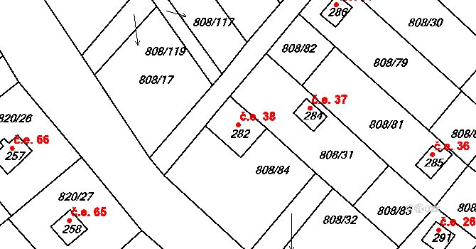 Podhrad 38, Cheb na parcele st. 282 v KÚ Podhrad, Katastrální mapa