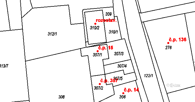 Šeberov 15, Praha na parcele st. 307/1 v KÚ Šeberov, Katastrální mapa