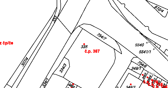 Chomutov 387 na parcele st. 335 v KÚ Chomutov I, Katastrální mapa