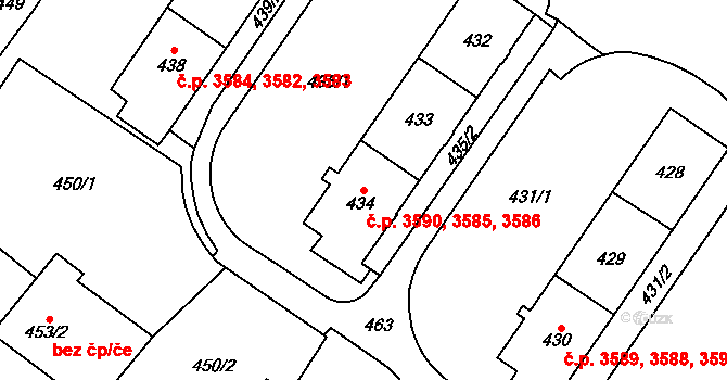 Chomutov 3585,3586,3590 na parcele st. 434 v KÚ Chomutov I, Katastrální mapa