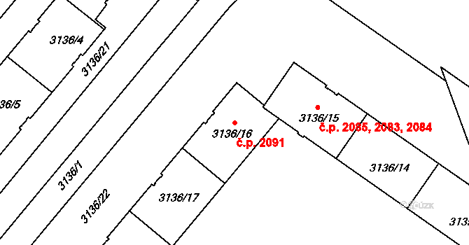 Východní Předměstí 2091, Plzeň na parcele st. 3136/16 v KÚ Plzeň, Katastrální mapa