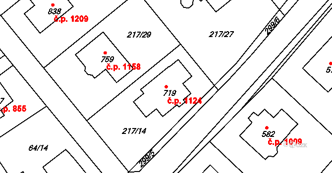 Rudná 1124 na parcele st. 719 v KÚ Hořelice, Katastrální mapa
