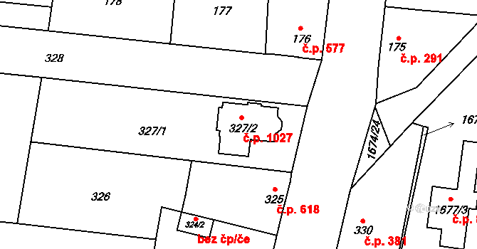 Kosmonosy 1027 na parcele st. 327/2 v KÚ Kosmonosy, Katastrální mapa