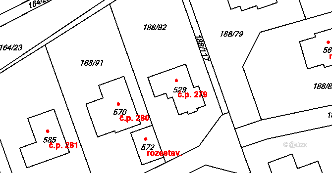 Radomyšl 279 na parcele st. 529 v KÚ Radomyšl, Katastrální mapa
