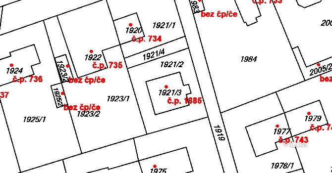 Roztoky 1885 na parcele st. 1921/3 v KÚ Roztoky u Prahy, Katastrální mapa