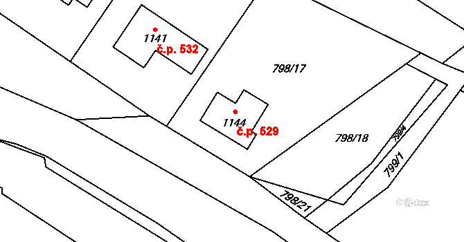 Hanušovice 529 na parcele st. 1144 v KÚ Hanušovice, Katastrální mapa