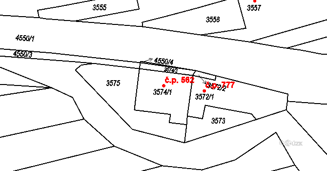 Vlčnov 562 na parcele st. 3574/1 v KÚ Vlčnov, Katastrální mapa