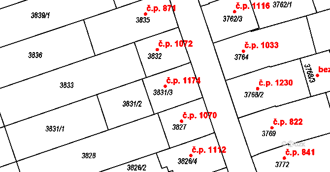 Vlčnov 1174 na parcele st. 3831/3 v KÚ Vlčnov, Katastrální mapa