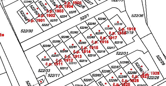 Úvaly 1915 na parcele st. 522/63 v KÚ Úvaly u Prahy, Katastrální mapa