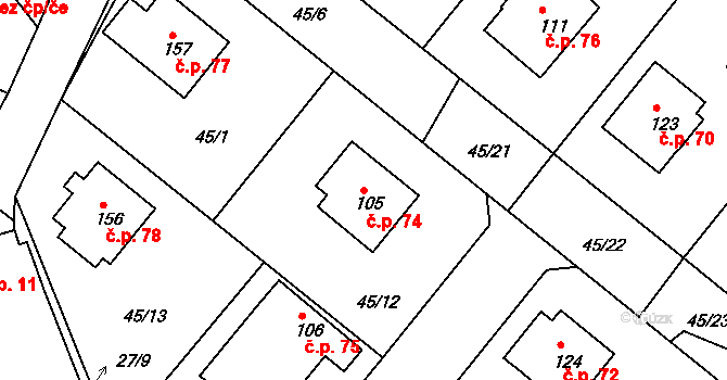 Ústrašice 74 na parcele st. 105 v KÚ Ústrašice, Katastrální mapa