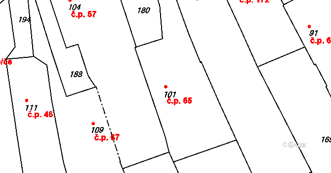 Pocinovice 65 na parcele st. 101 v KÚ Pocinovice, Katastrální mapa