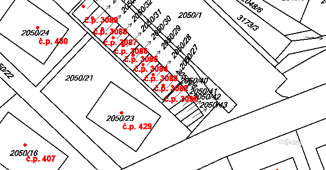 Strkov 3090, Planá nad Lužnicí na parcele st. 2050/27 v KÚ Planá nad Lužnicí, Katastrální mapa