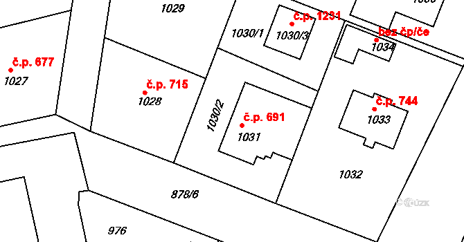 Třemošná 691 na parcele st. 1031 v KÚ Třemošná, Katastrální mapa