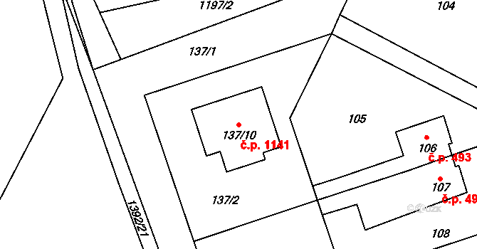 Vejprnice 1141 na parcele st. 137/10 v KÚ Vejprnice, Katastrální mapa