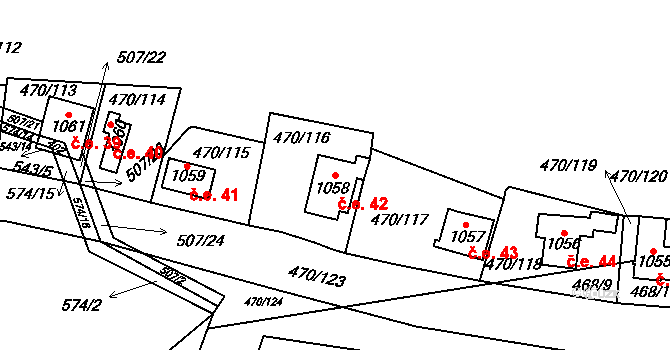 Ohrobec 42 na parcele st. 1058 v KÚ Ohrobec, Katastrální mapa