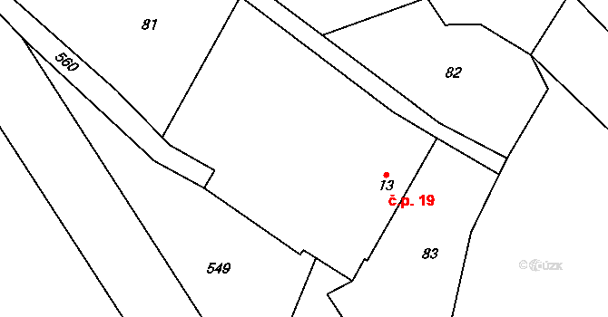 Sovadina 19, Bystřice pod Hostýnem na parcele st. 13 v KÚ Sovadina, Katastrální mapa