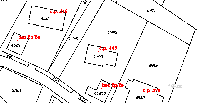 Březno 443 na parcele st. 458/3 v KÚ Březno u Chomutova, Katastrální mapa