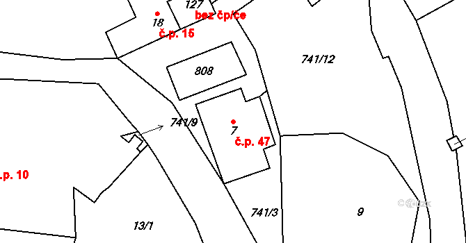 Polná 47, Hazlov na parcele st. 7 v KÚ Polná u Hazlova, Katastrální mapa