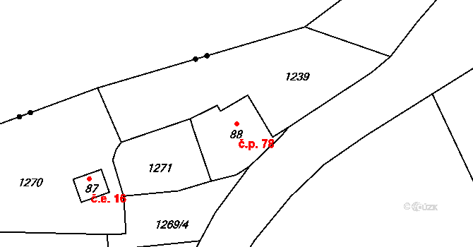 Kyselka 78 na parcele st. 88 v KÚ Kyselka, Katastrální mapa