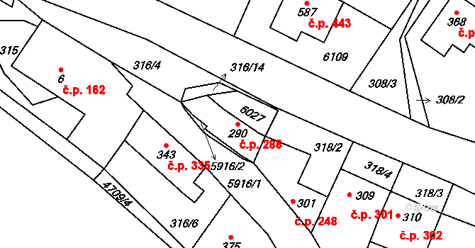 Kamenice 288 na parcele st. 290 v KÚ Kamenice u Jihlavy, Katastrální mapa