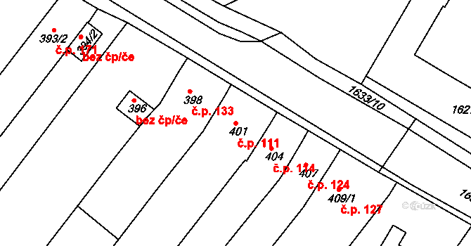 Popůvky 111 na parcele st. 401 v KÚ Popůvky u Brna, Katastrální mapa