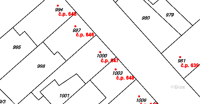 Moravský Písek 647 na parcele st. 1000 v KÚ Moravský Písek, Katastrální mapa