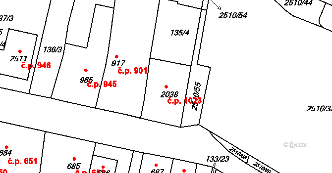 Kyjov 1023 na parcele st. 2038 v KÚ Kyjov, Katastrální mapa