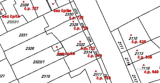 Pod Bezručovým vrchem 722, Krnov na parcele st. 2322 v KÚ Krnov-Horní Předměstí, Katastrální mapa