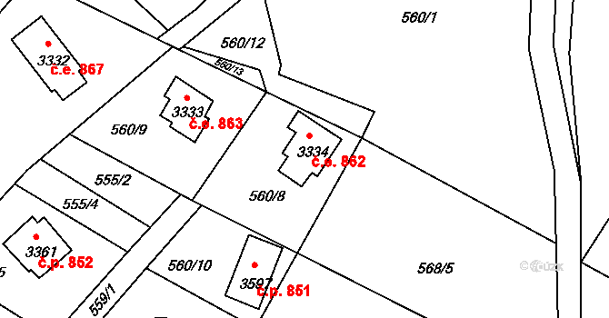 Ostravice 862 na parcele st. 3334 v KÚ Staré Hamry 2, Katastrální mapa