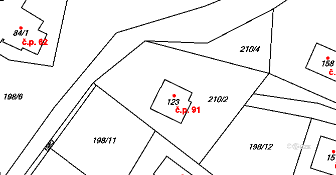 Bořkov 91, Slaná na parcele st. 123 v KÚ Bořkov, Katastrální mapa
