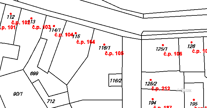 Vysoké Veselí 105 na parcele st. 116/1 v KÚ Vysoké Veselí, Katastrální mapa