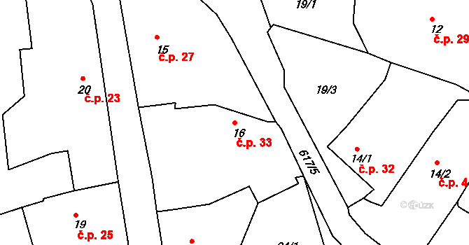 Uzeničky 33 na parcele st. 16 v KÚ Uzeničky, Katastrální mapa