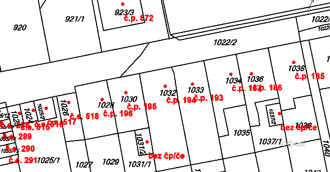 Miřetice u Klášterce nad Ohří 194, Klášterec nad Ohří na parcele st. 1032 v KÚ Miřetice u Klášterce nad Ohří, Katastrální mapa