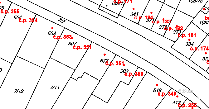 Podklášteří 351, Třebíč na parcele st. 572 v KÚ Podklášteří, Katastrální mapa